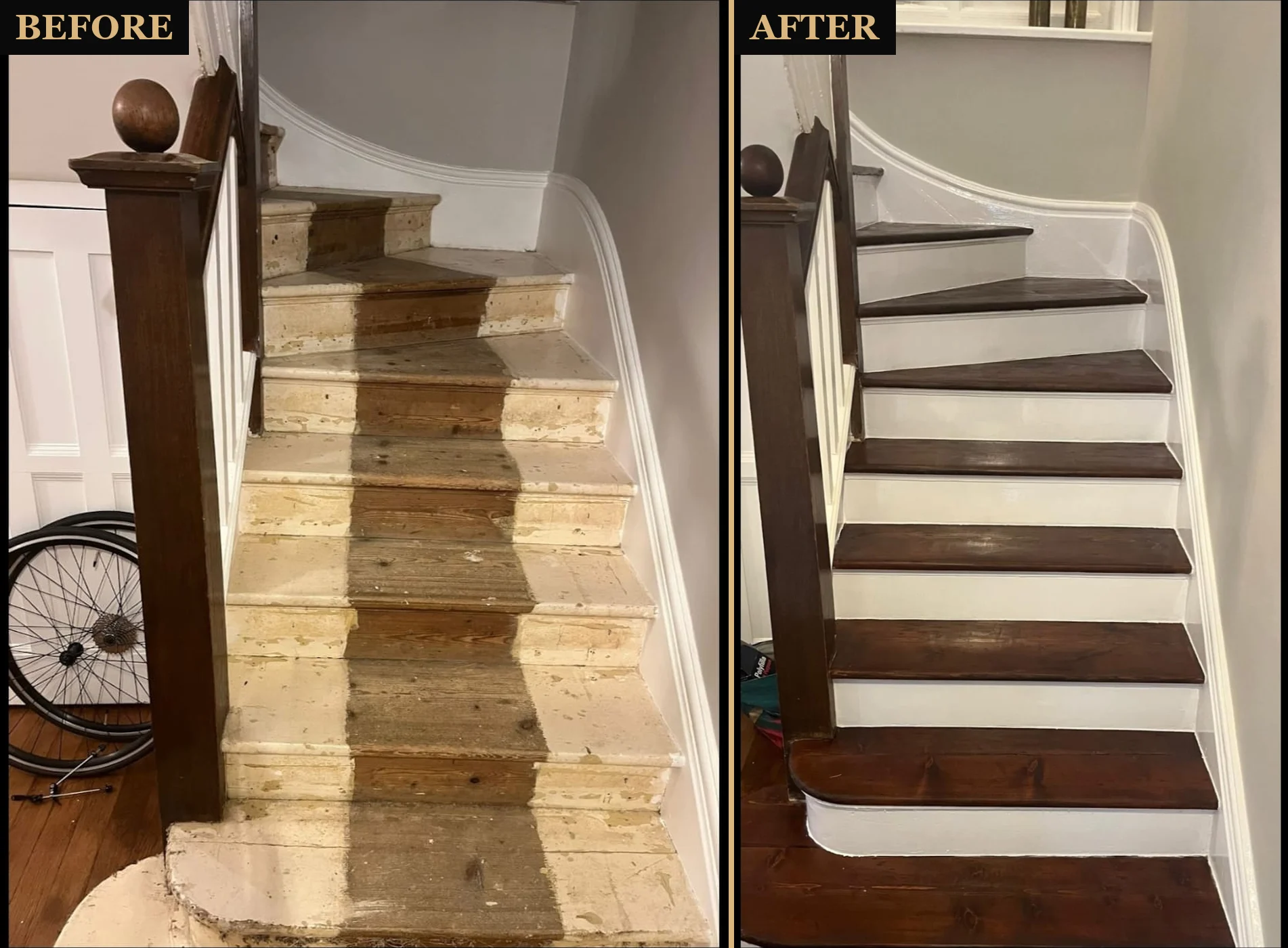 Before and after: a London pine staircase with old carpet runner marks, treads sanded and stained dark, risers painted white to match the skirting, by Howard Naish