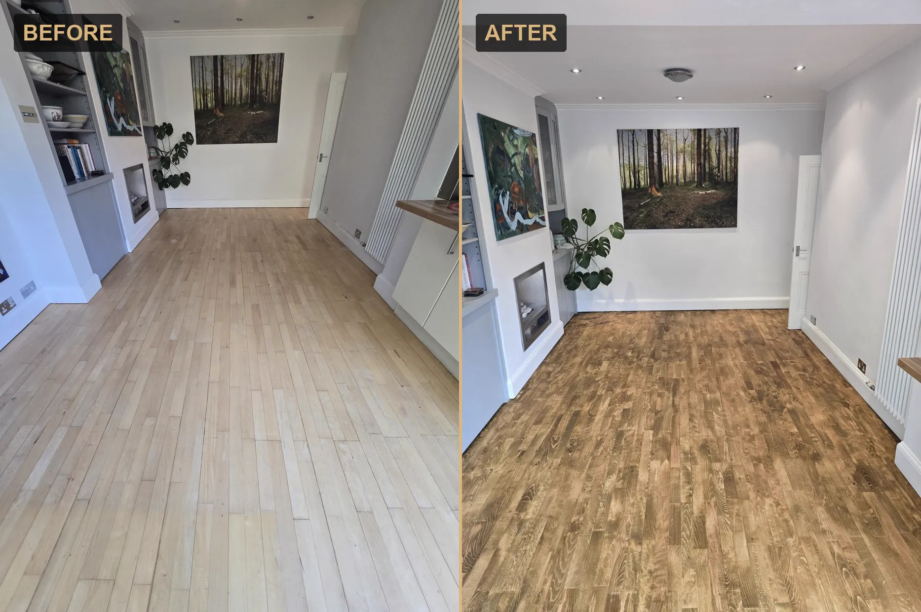 Before and after: a pale worn floor sanded and stained a rich even brown by Howard Naish