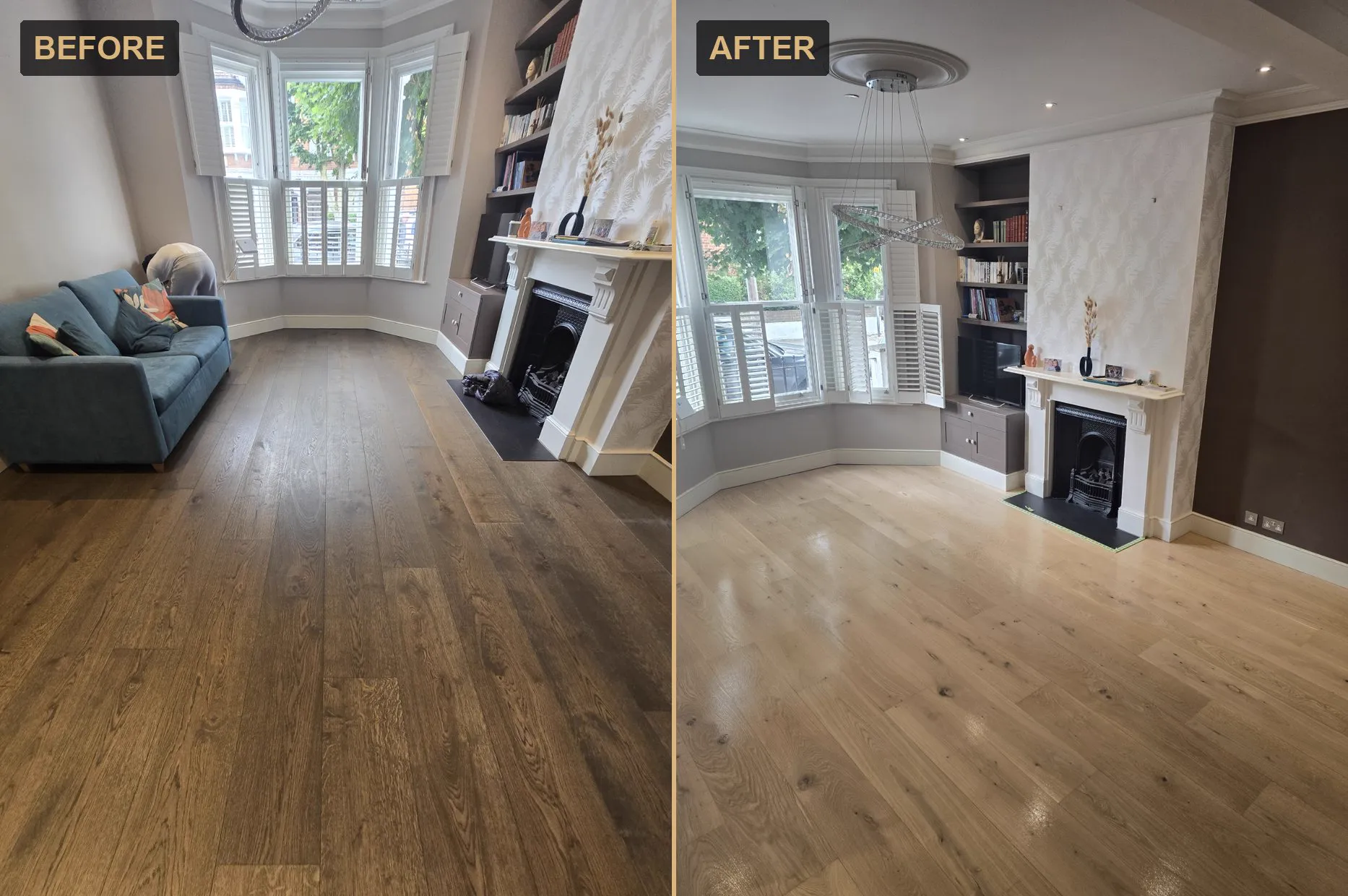 Before and after: dark stained oak floor sanded back to natural pale oak in a South London living room