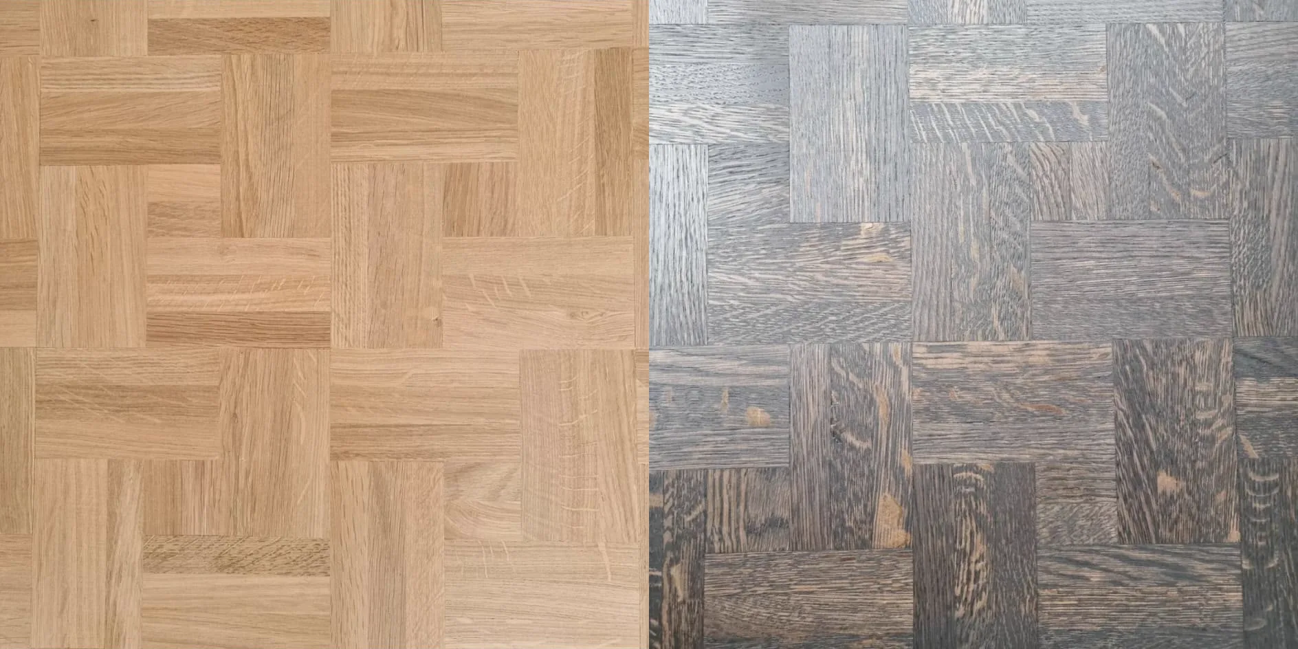 Finger mosaic parquet floor in Chipstead shown natural on one side and stained black on the other