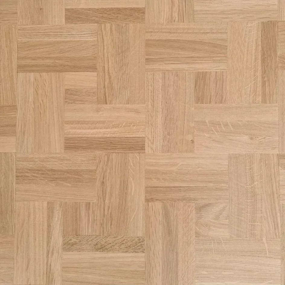 Close-up of the raw natural oak finger mosaic parquet in Chipstead CR5 before staining