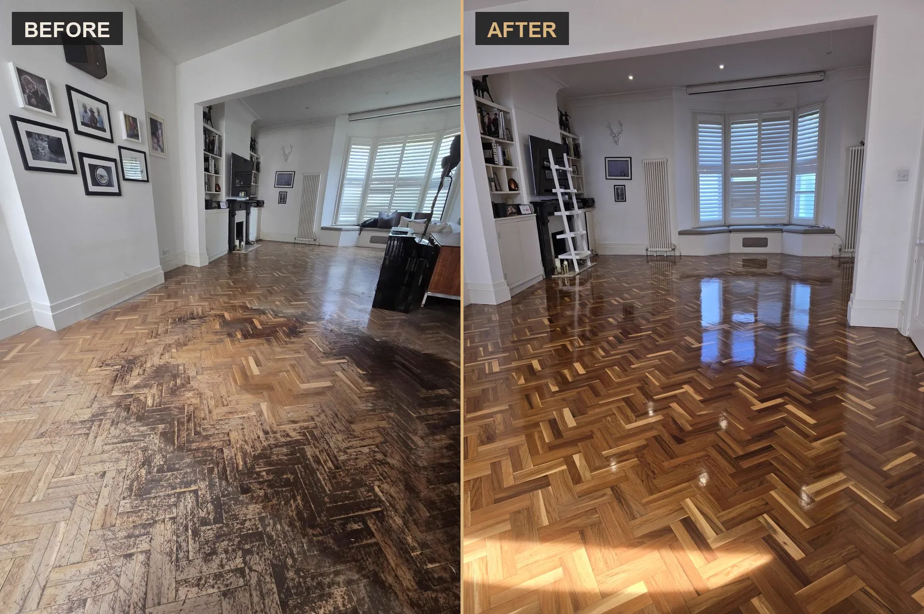 Herringbone parquet floor before and after restoration in Clapham