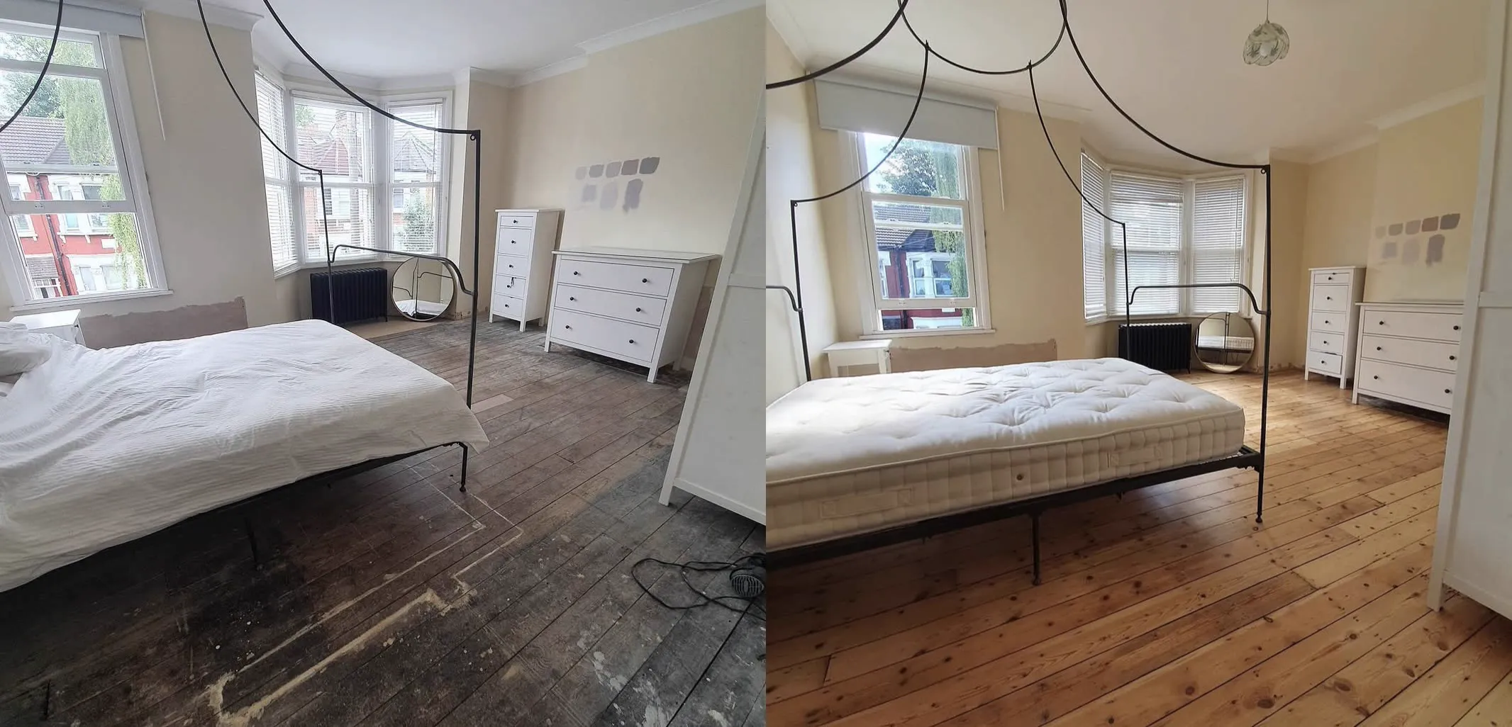 Before and after: grey worn original pine bedroom floorboards in Crystal Palace SE19 restored to warm honey pine by Howard Naish