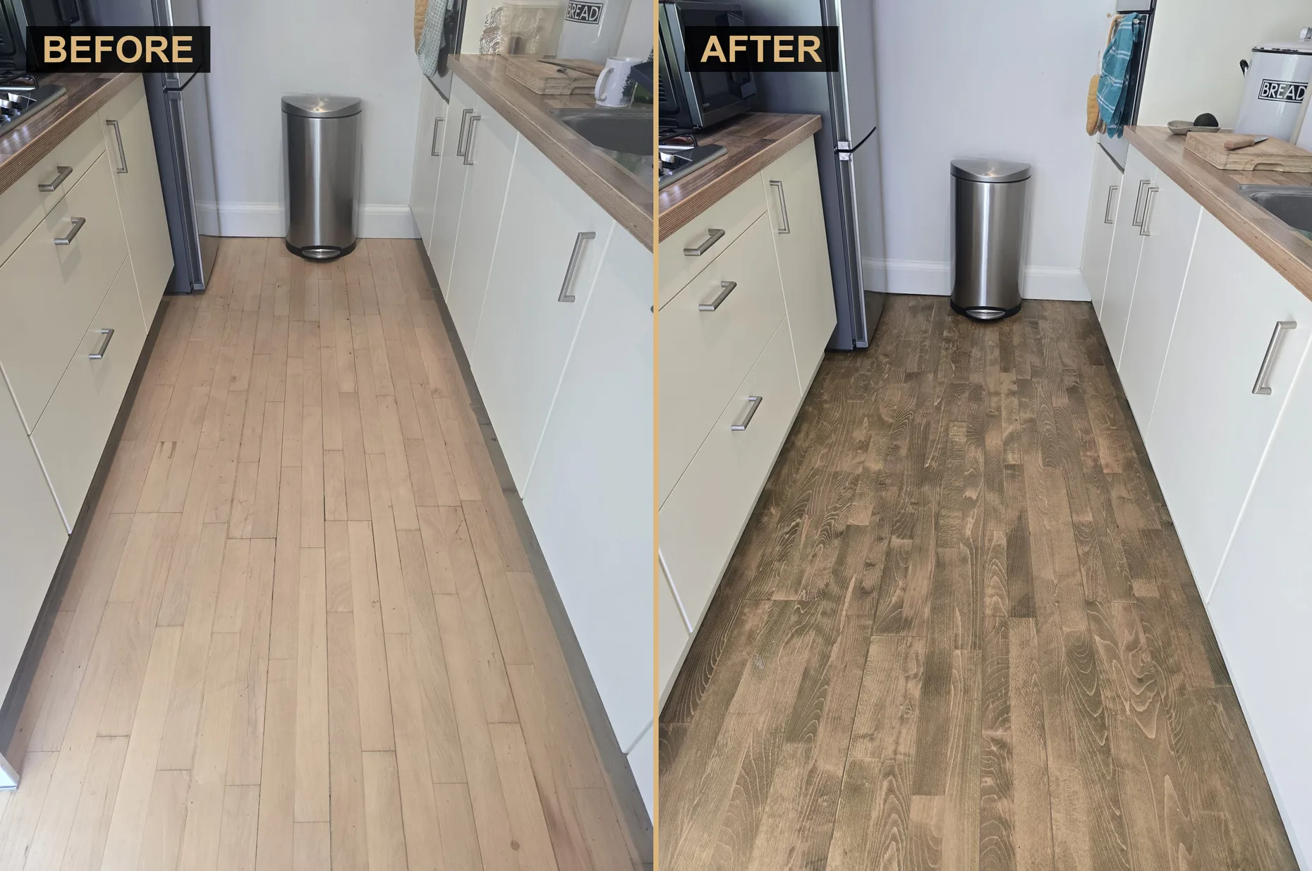 Kitchen wood floor before and after sanding and refinishing in Gipsy Hill