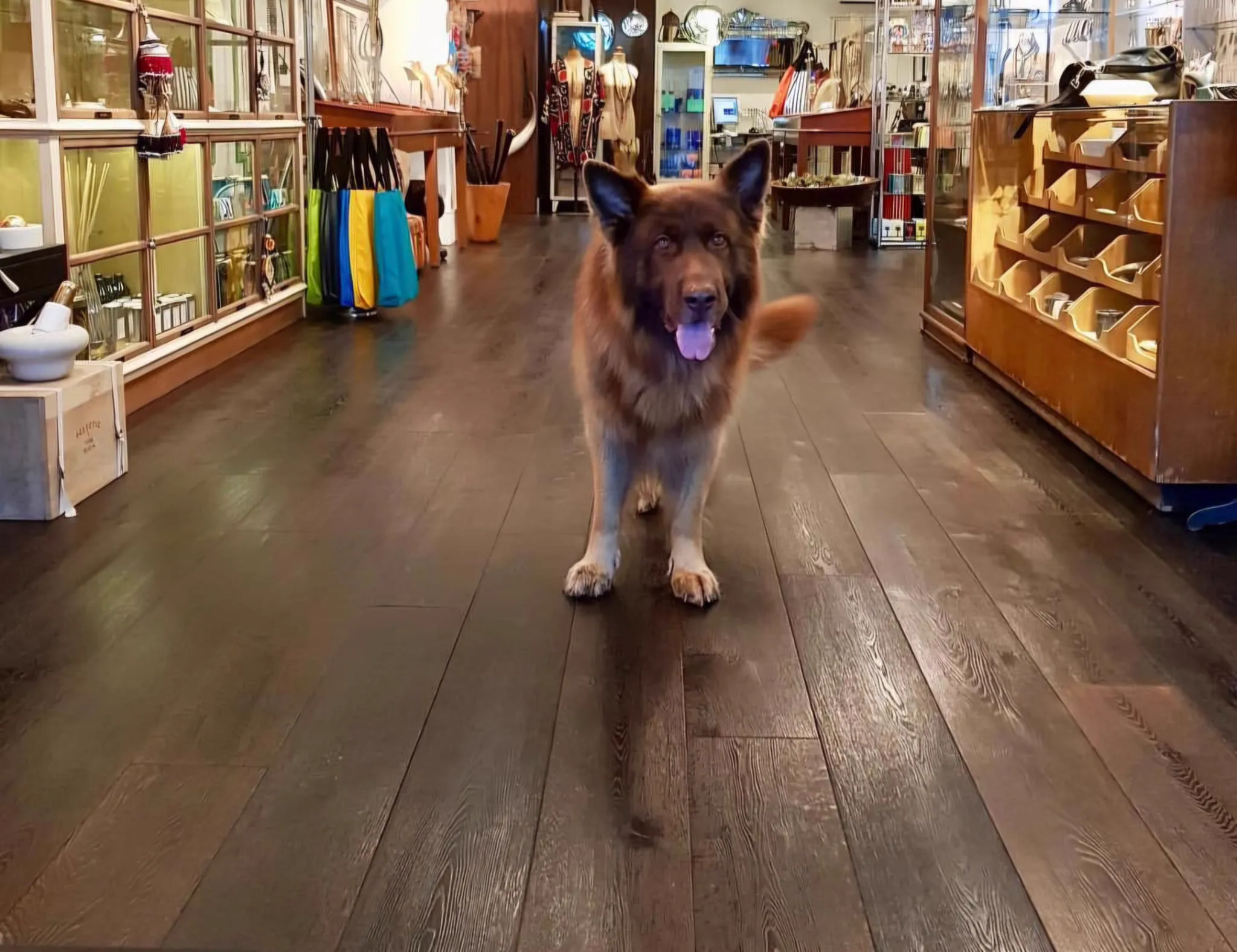 Dark wide-plank oak floor in a Balham jewellery shop, with Red the German Shepherd, by Howard Naish