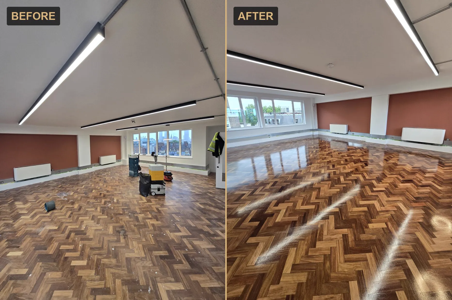Before and after of a Kensington office herringbone floor sanded and refinished by Howard Naish