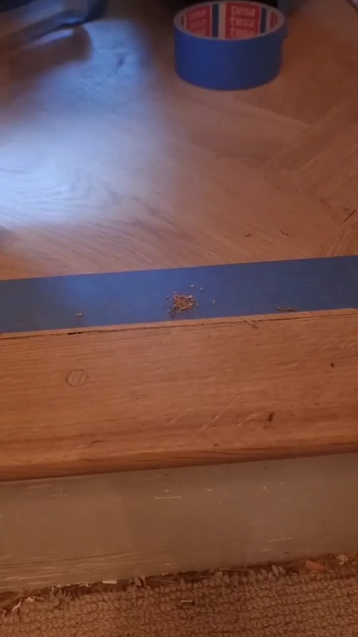 A loose parquet block being re-fixed with a syringe of adhesive by Howard Naish before the floor is sanded