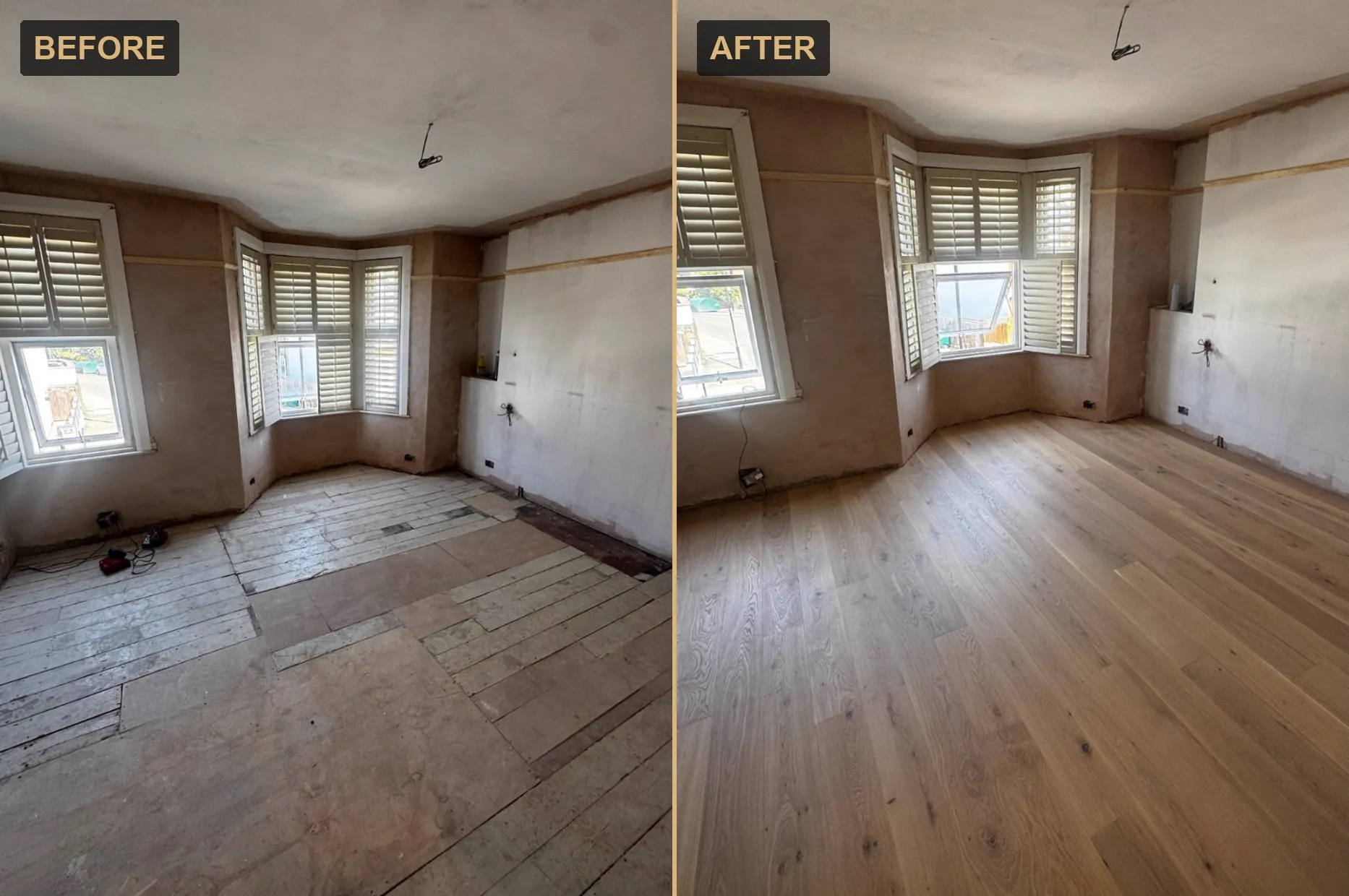 Before and after: a renovation room transformed by a new engineered oak floor from Howard Naish