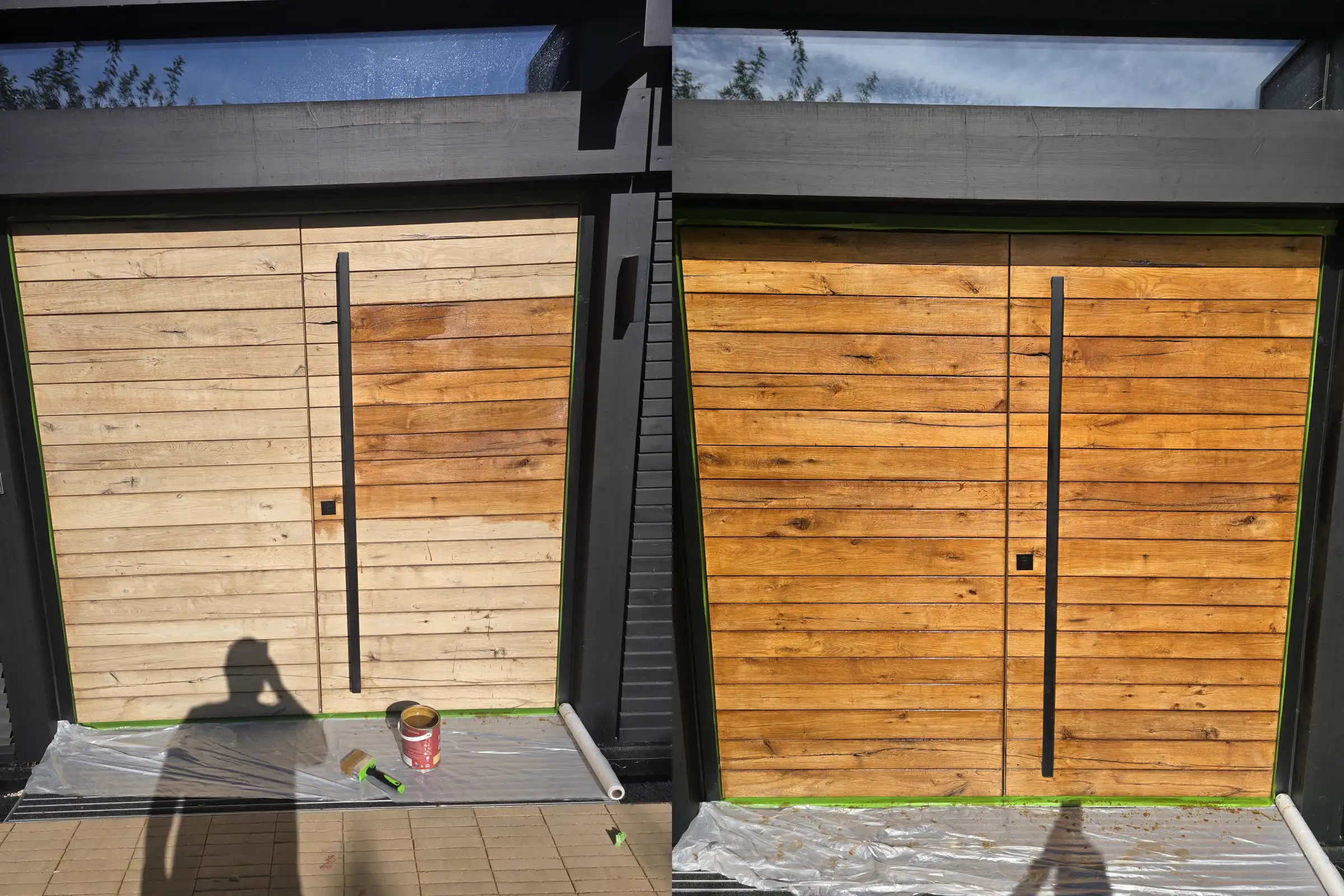 Before and after: sun-damaged hardwood driveway gate in Richmond hand sanded and re-oiled with UV-resistant oil by Howard Naish