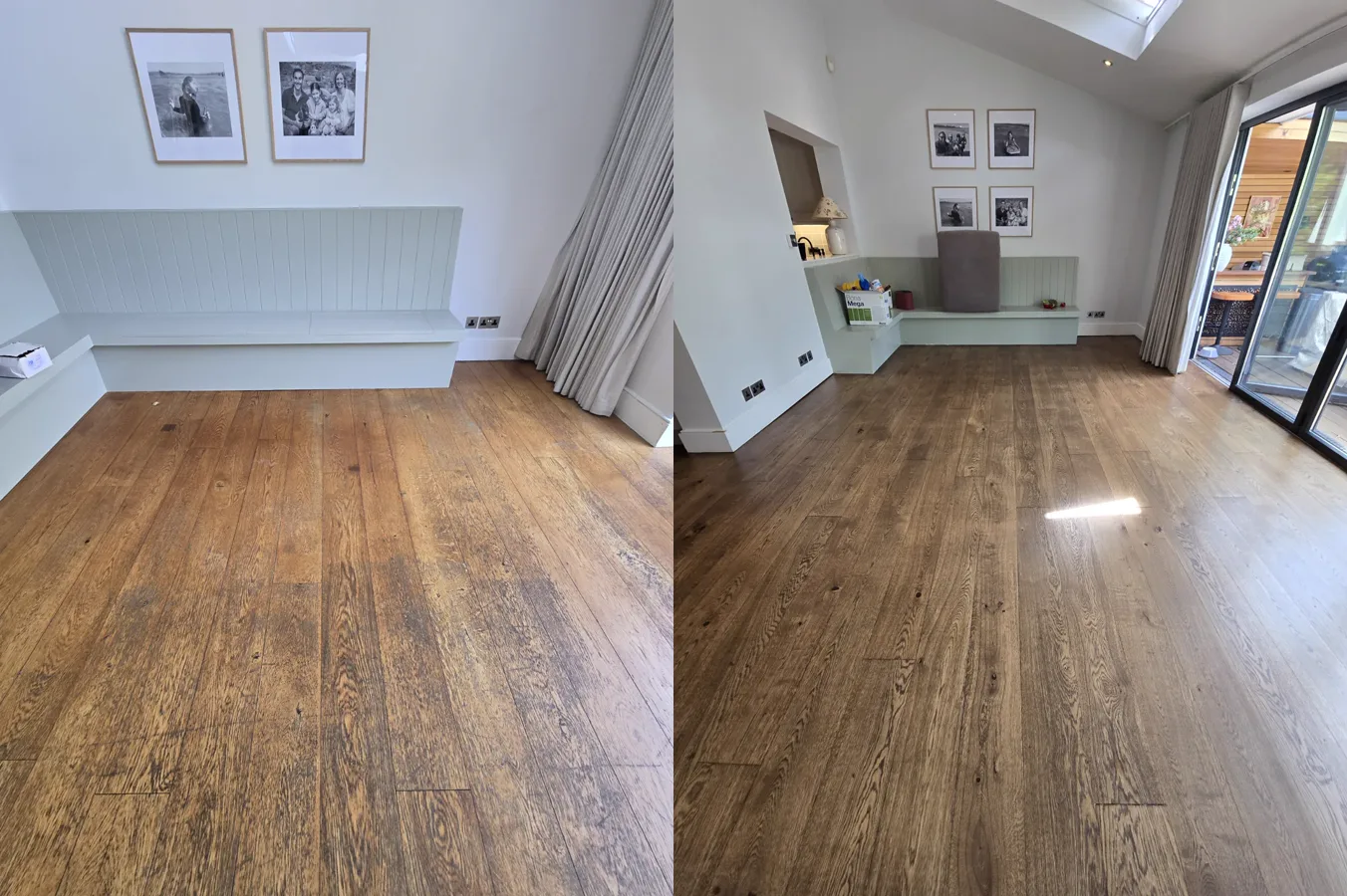 Before and after of oak floorboards by a window bench in Southfields SW18, sanded and stained by Howard Naish