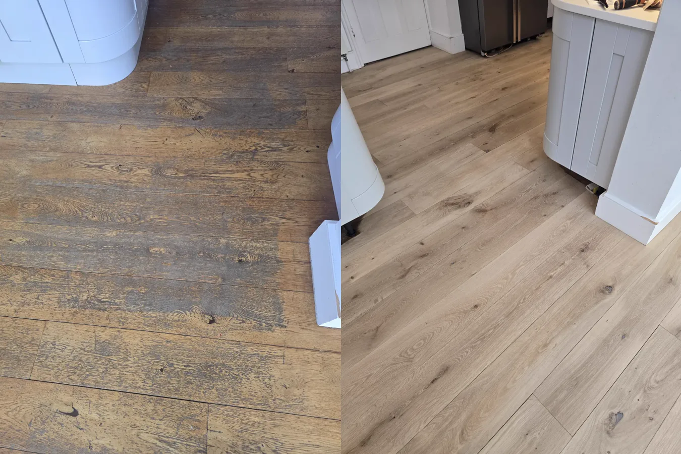 Grey patch on a worn oak floor in Southfields SW18 before sanding, and the same boards sanded back to clean oak