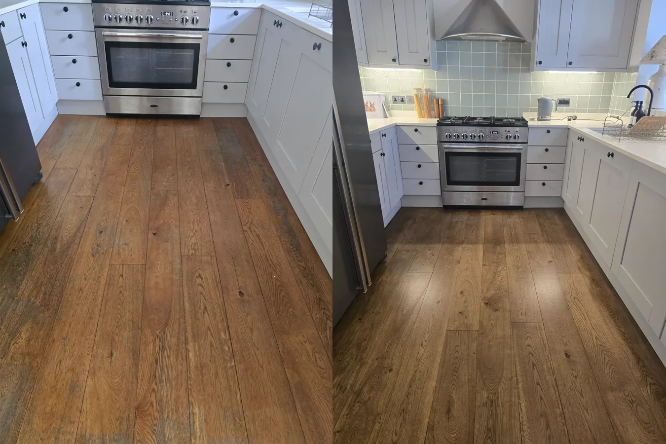 Before and after of an oak kitchen floor restoration in Southfields SW18, worn orange finish transformed to a weathered brown stain