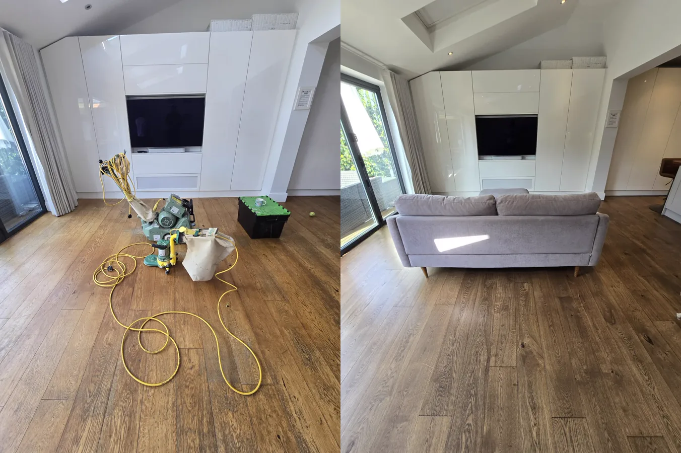 Before and after of a restored oak living room floor in a Southfields SW18 Victorian terrace