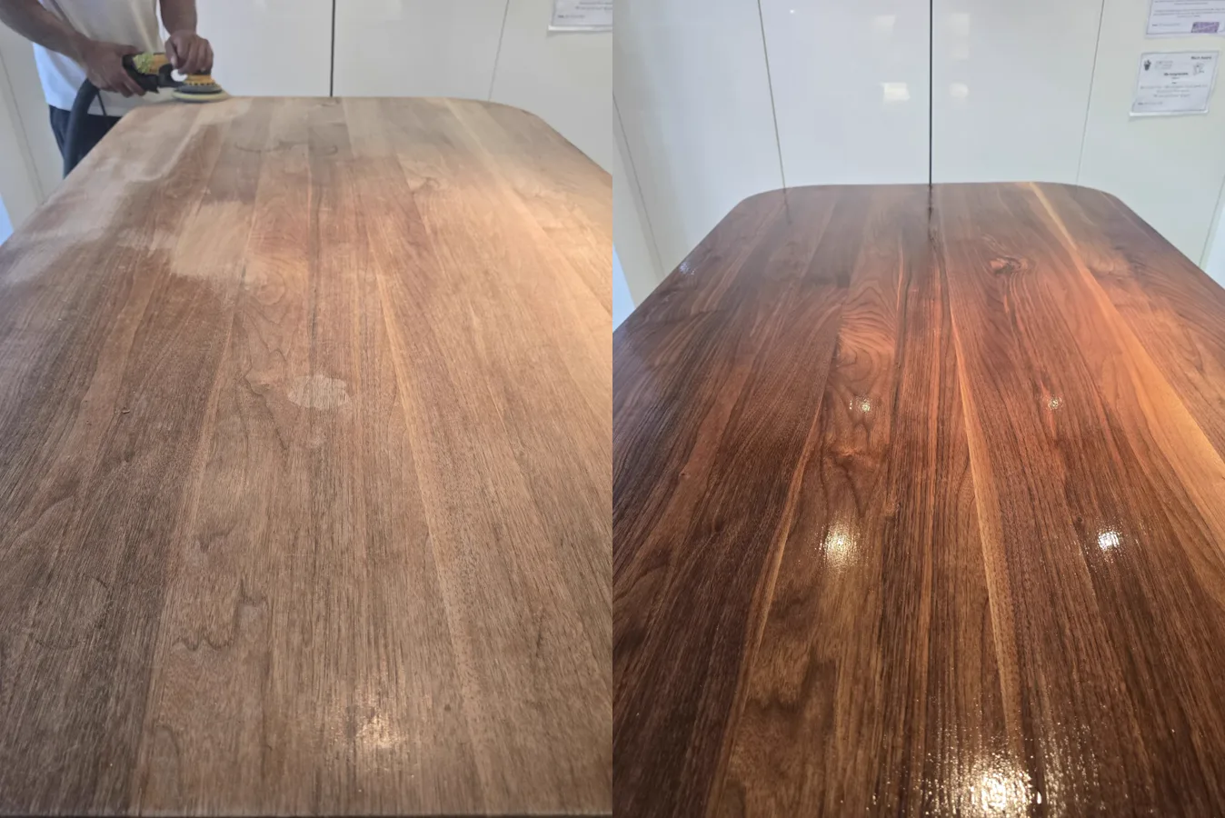 Before and after of a solid walnut kitchen worktop in Southfields SW18, sanded back and refinished with Osmo oil by Howard Naish