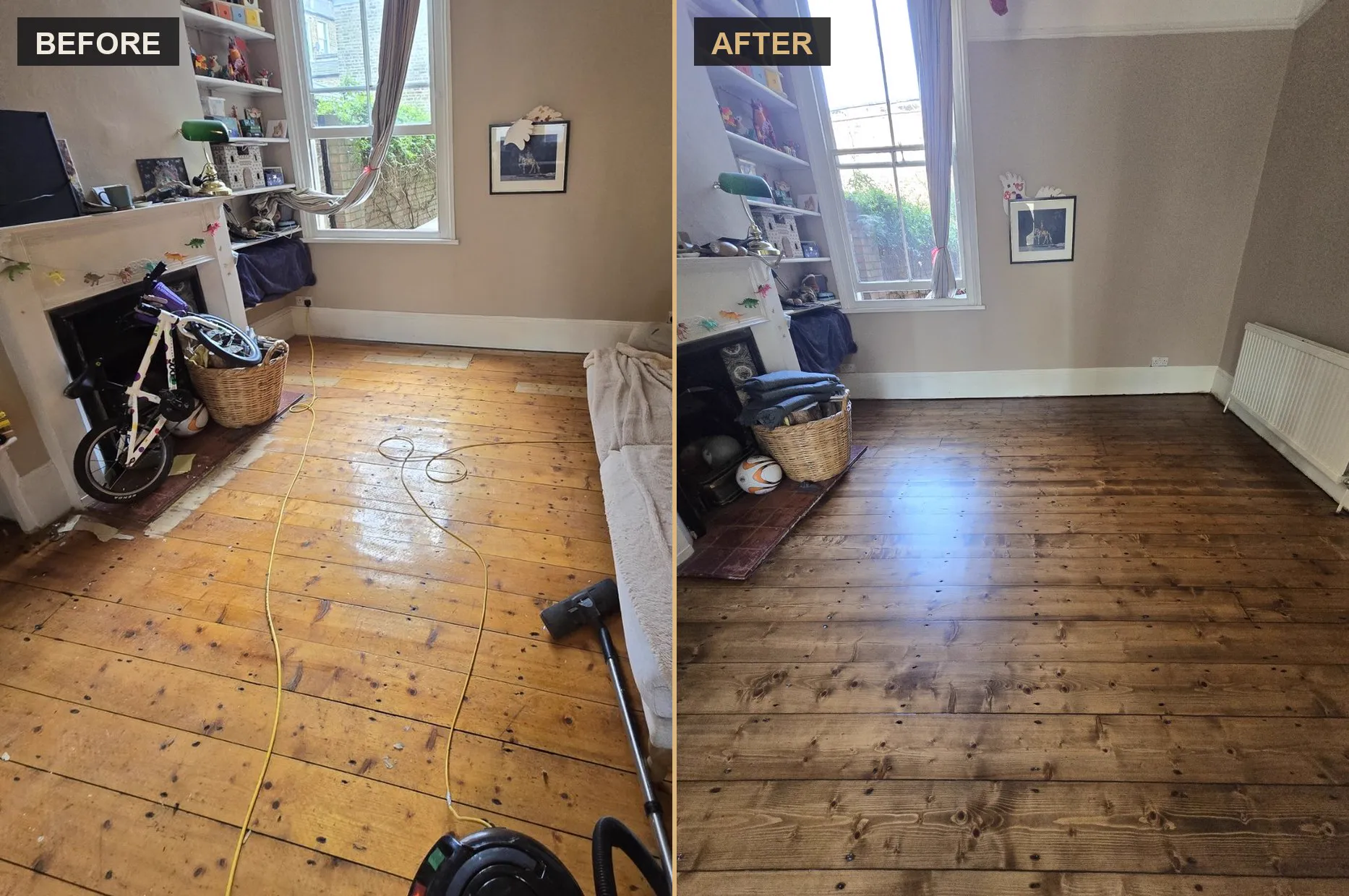 Original pine floorboards before and after a three-stage sand and finish in Streatham Hill