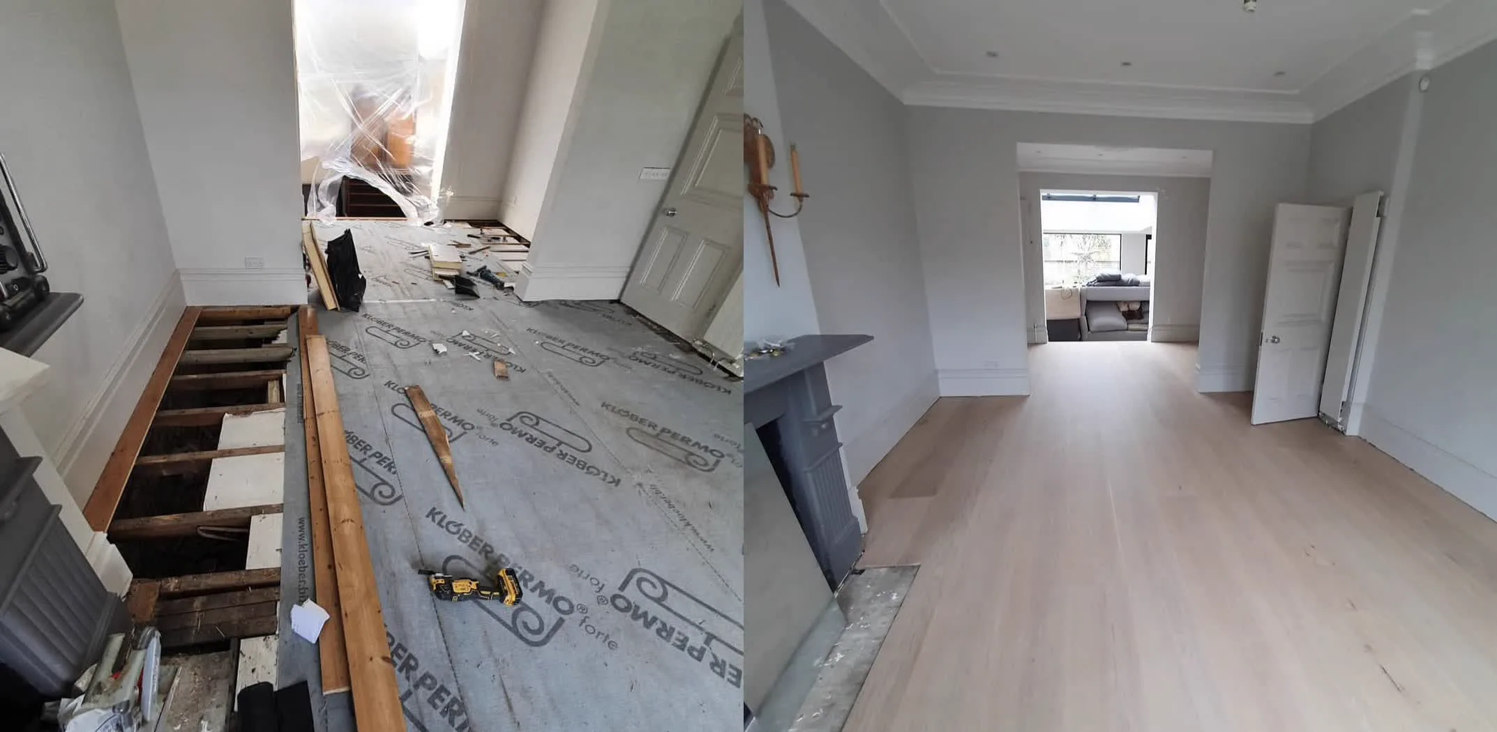 A Tooting floor renovation by Howard Naish: old boards stripped and joists insulated on the left, the finished engineered oak floor on the right