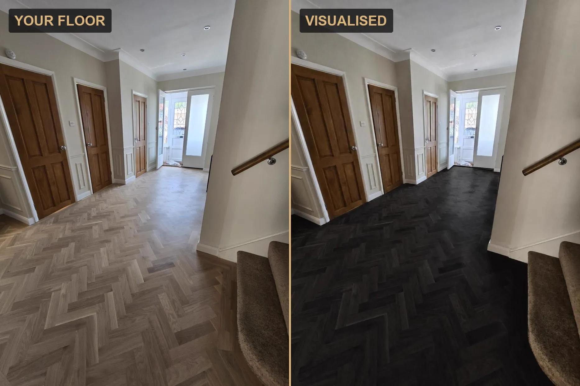 A hallway photo beside the same hallway visualised with an Ebony stained floor